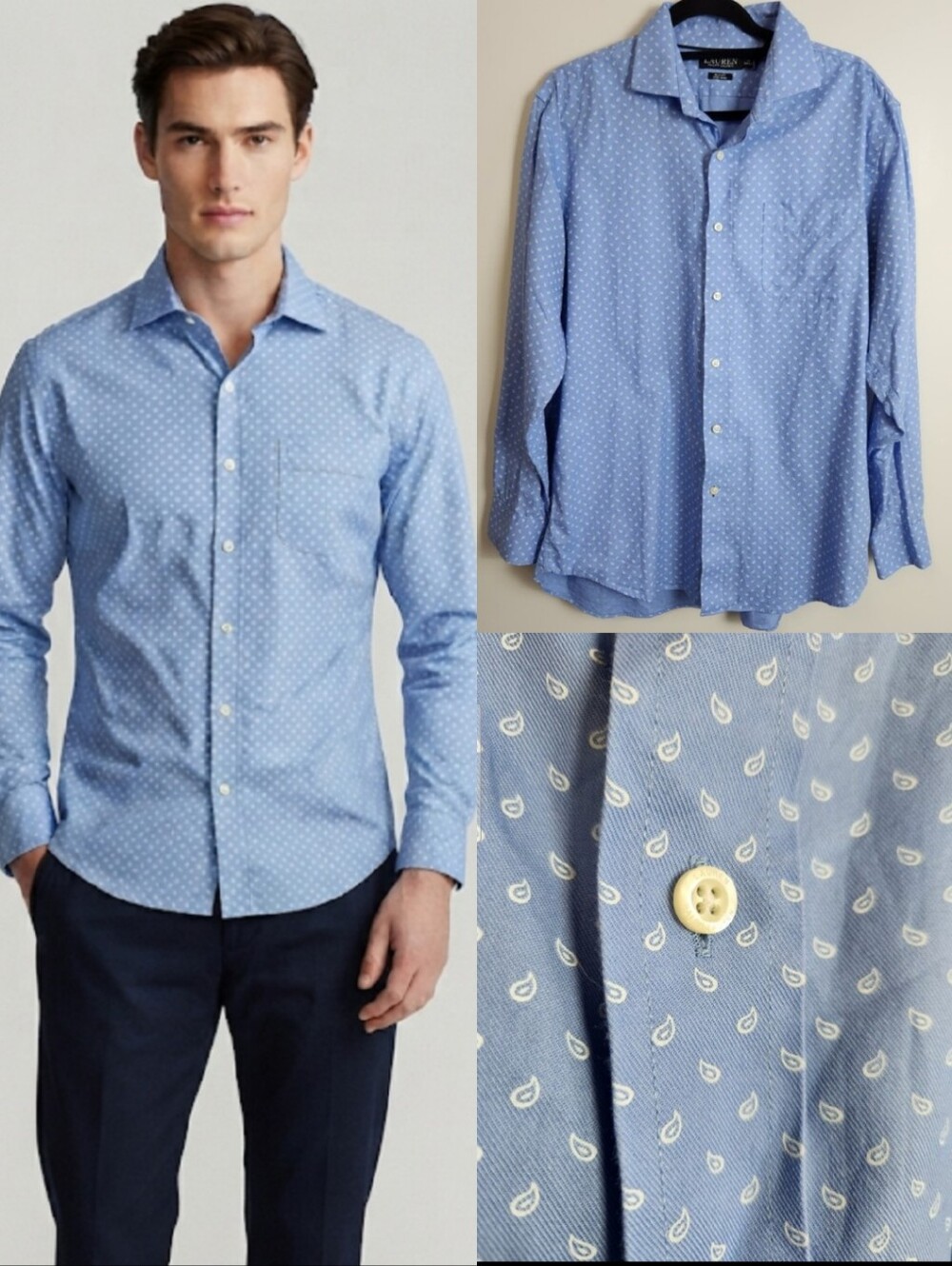 Lauren Ralph Lauren Slim Fit Blue Paisley Dress Shirt Button Up 17 34/35 Formal